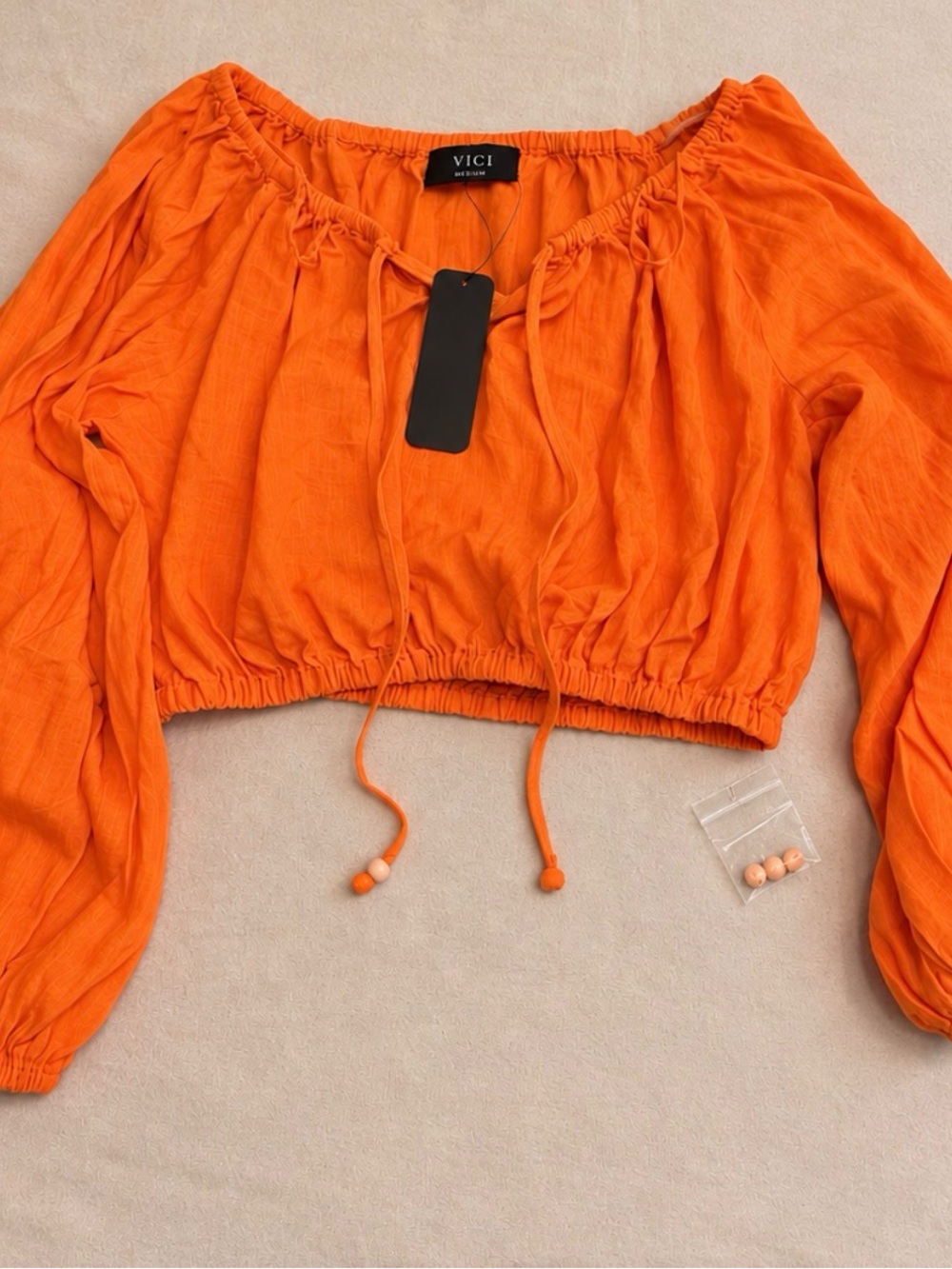 VICI Orange Boho Peasant Crop Top Medium NWT Balloon Sleeve Tie Front